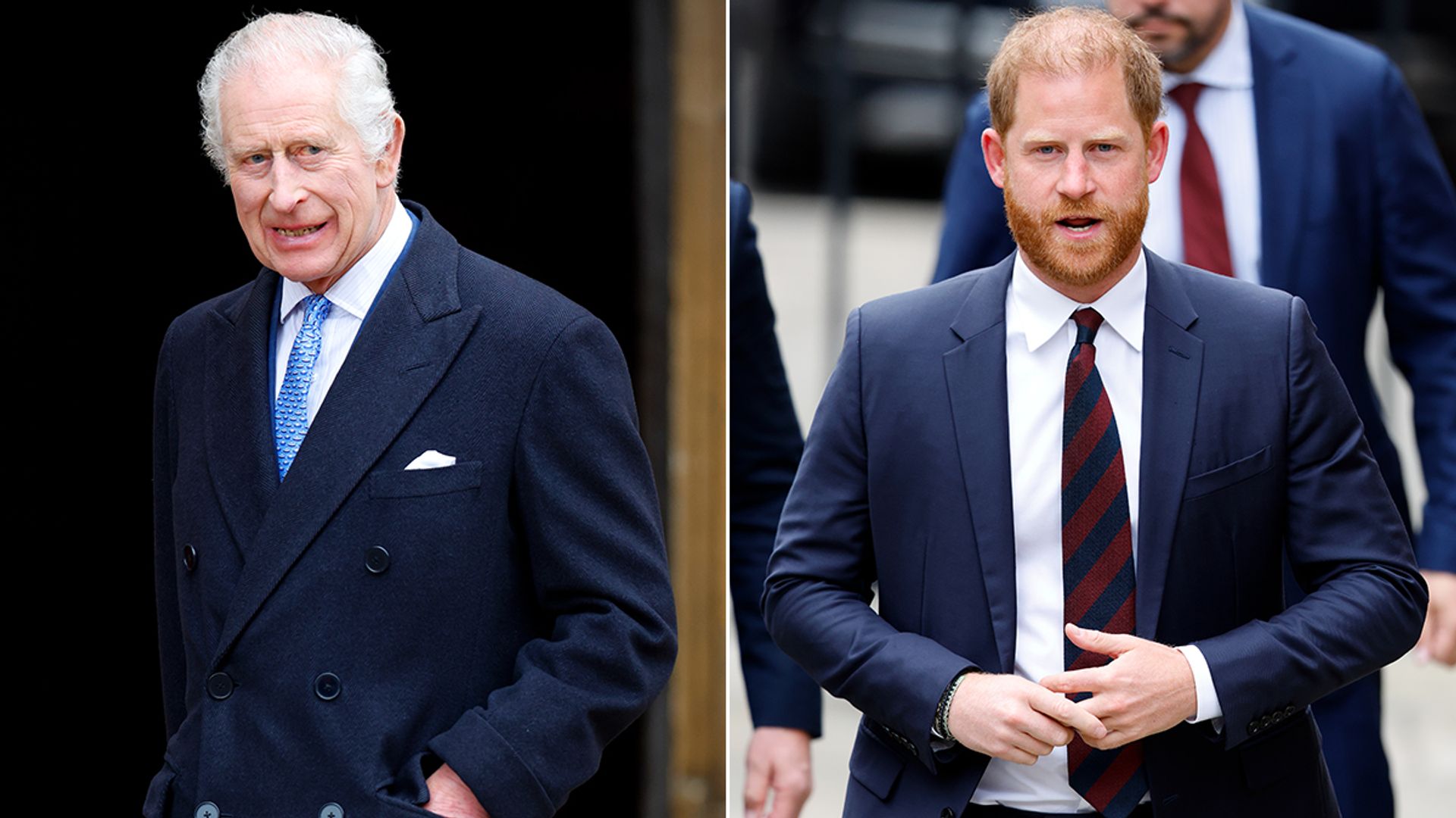 Split image of King Charles and Prince Harry