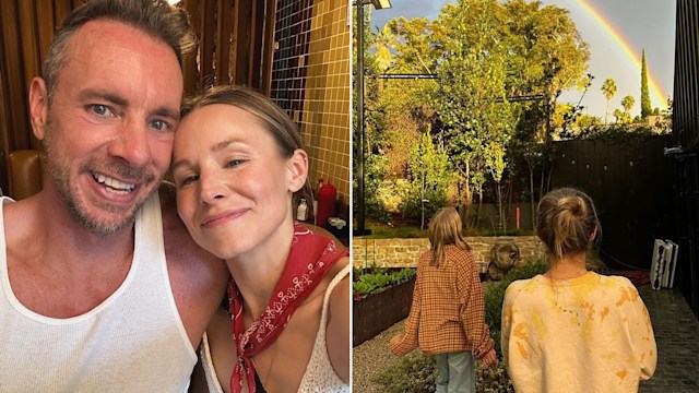 split image of Dax Shepard and Kristen Bell and their two daughters