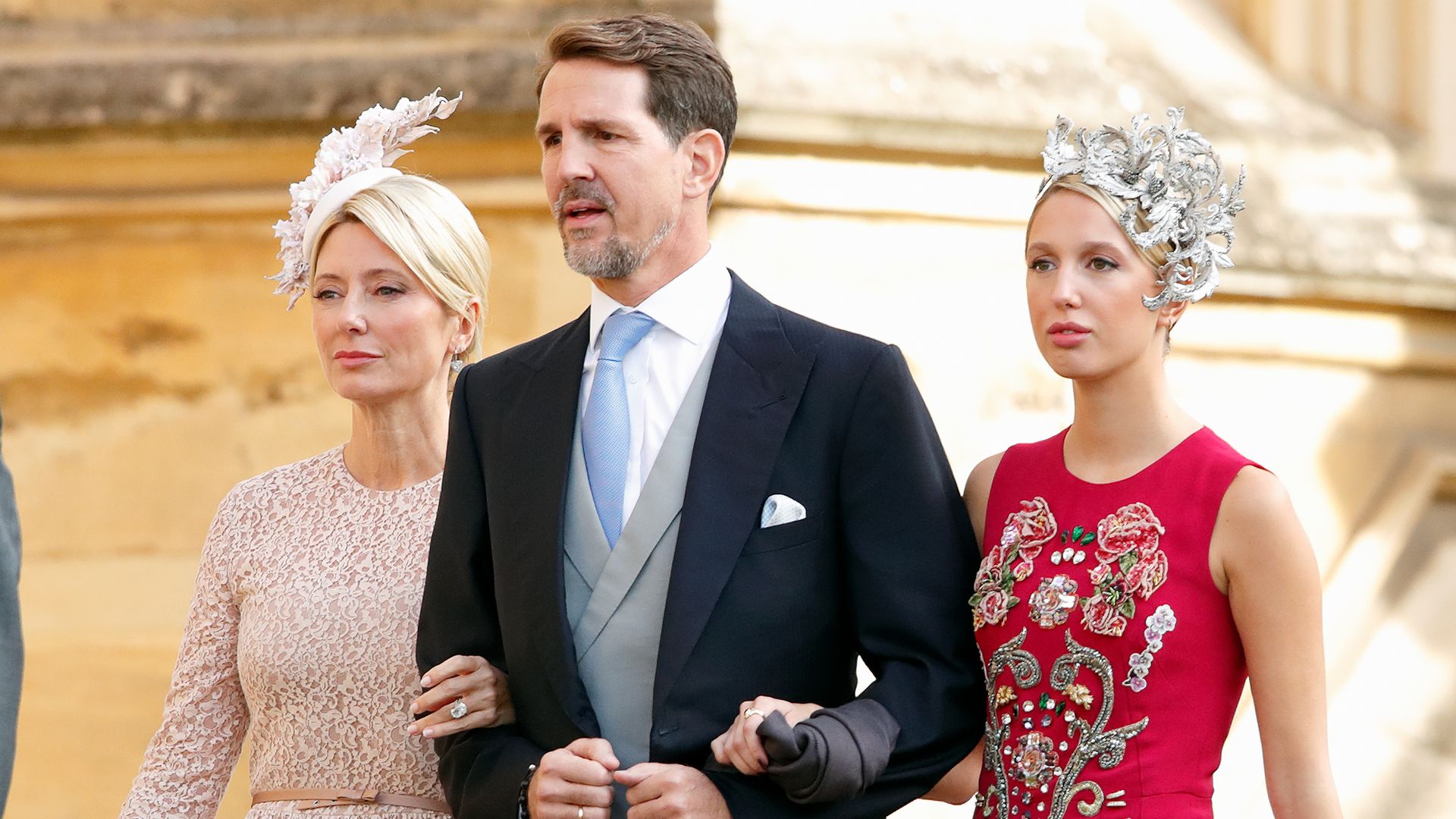 WINDSOR, UNITED KINGDOM - OCTOBER 12: (EMBARGOED FOR PUBLICATION IN UK NEWSPAPERS UNTIL 24 HOURS AFTER CREATE DATE AND TIME) Crown Princess Marie-Chantal of Greece, Crown Prince Pavlos of Greece and Princess Maria-Olympia of Greece attend the wedding of P