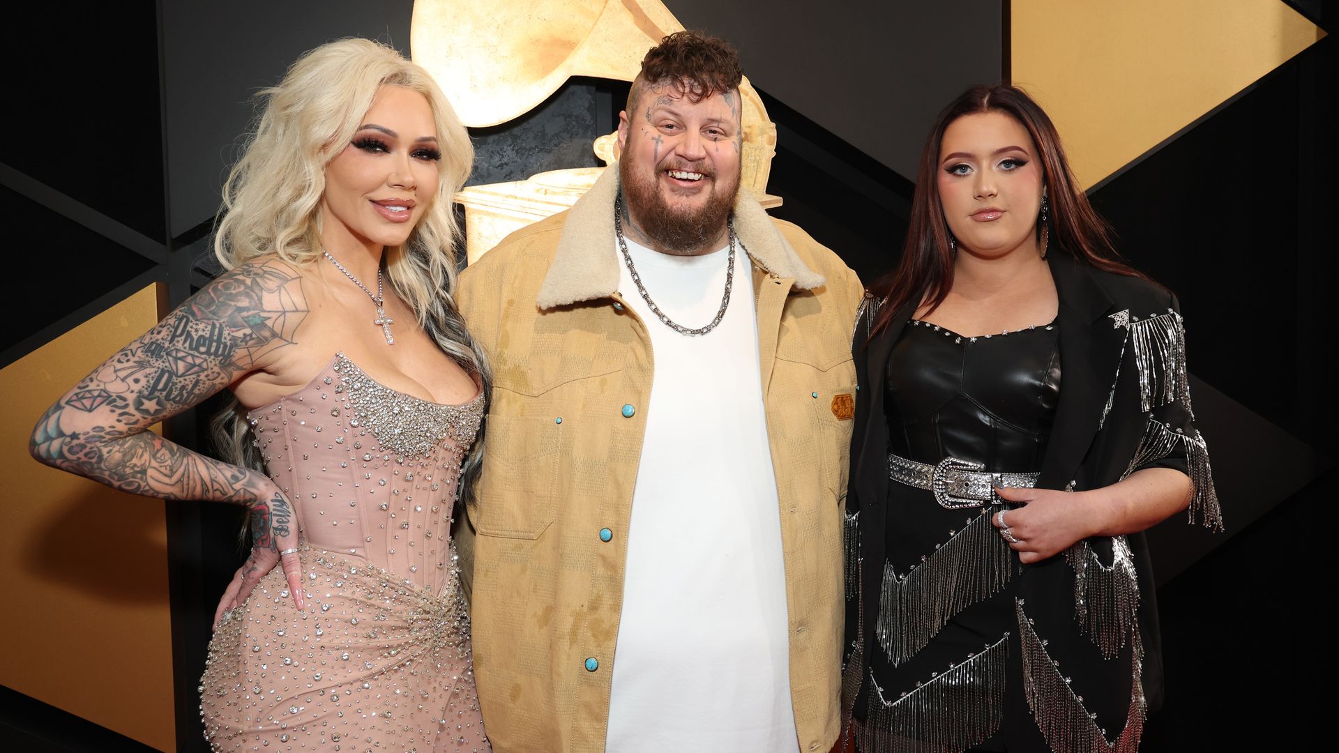 LOS ANGELES, CALIFORNIA - FEBRUARY 04: (L-R) Bunnie Xo, Jelly Roll and Bailee Ann attend the 66th GRAMMY Awards at Crypto.com Arena on February 04, 2024 in Los Angeles, California. (Photo by Kevin Mazur/Getty Images for The Recording Academy)