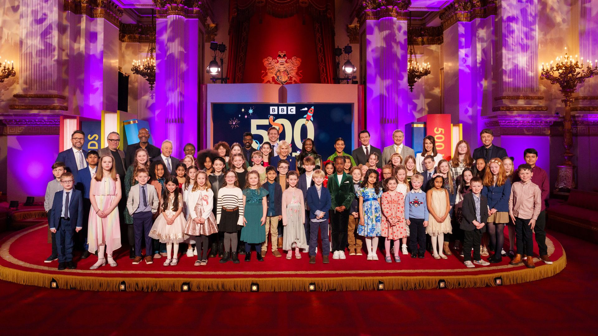 Queen Camilla with finalists for BBC's 500 Words