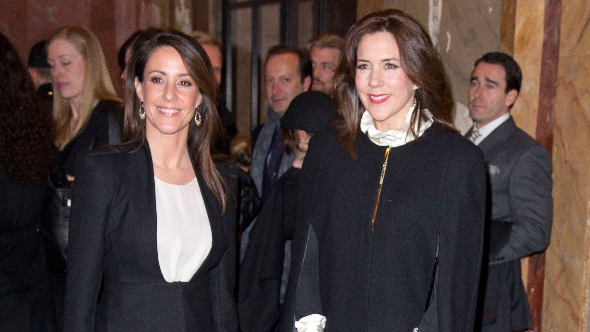 COPENHAGEN, DENMARK - JANUARY 31:  Princess Marie of Denmark (L) and Princess Mary of Denmark attend the Malene Birger show at the Royal Theatre during day two of Copenhagen Fashion Week Autumn/Winter 2013 on January 31, 2013 in Copenhagen, Denmark.  (Pho