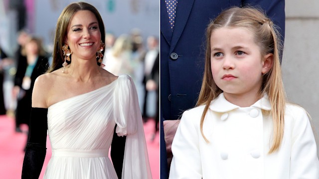 Princess Kate and daughter Charlotte side by side photos in white