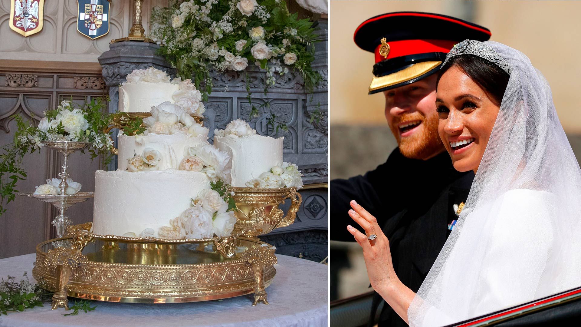Meghan Markle and Prince Harry smiling on their wedding day next to their wedding cake