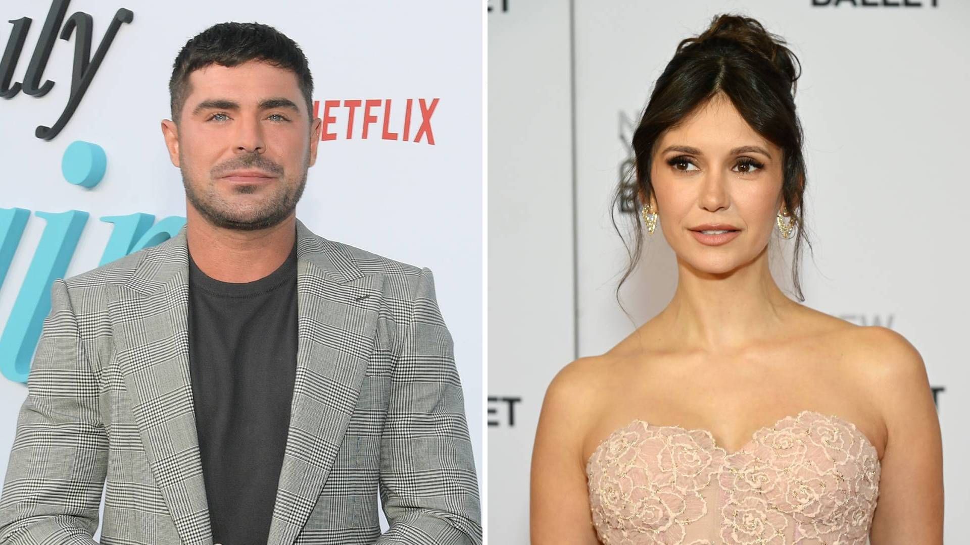 Split image of Zac Efron and Nina Dobrev