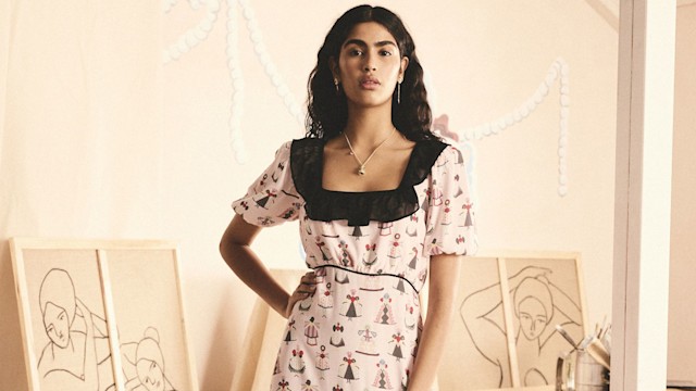 woman in frilly dress with tea print