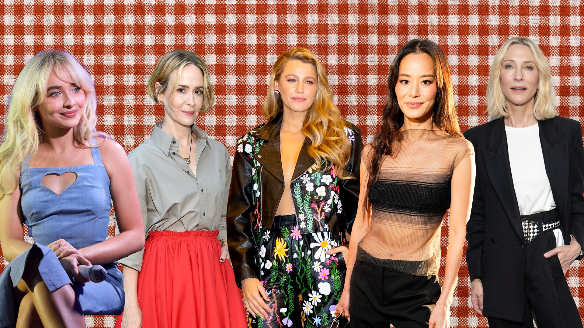 sabrina carpenter, sarah paulson, blake lively, jamie chung, cate blanchett on red gingham backing