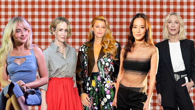 sabrina carpenter, sarah paulson, blake lively, jamie chung, cate blanchett on red gingham backing