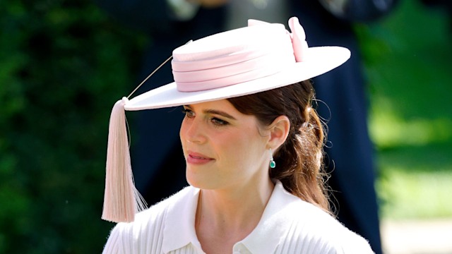 Princess Eugenie side on in light pink dress and hat