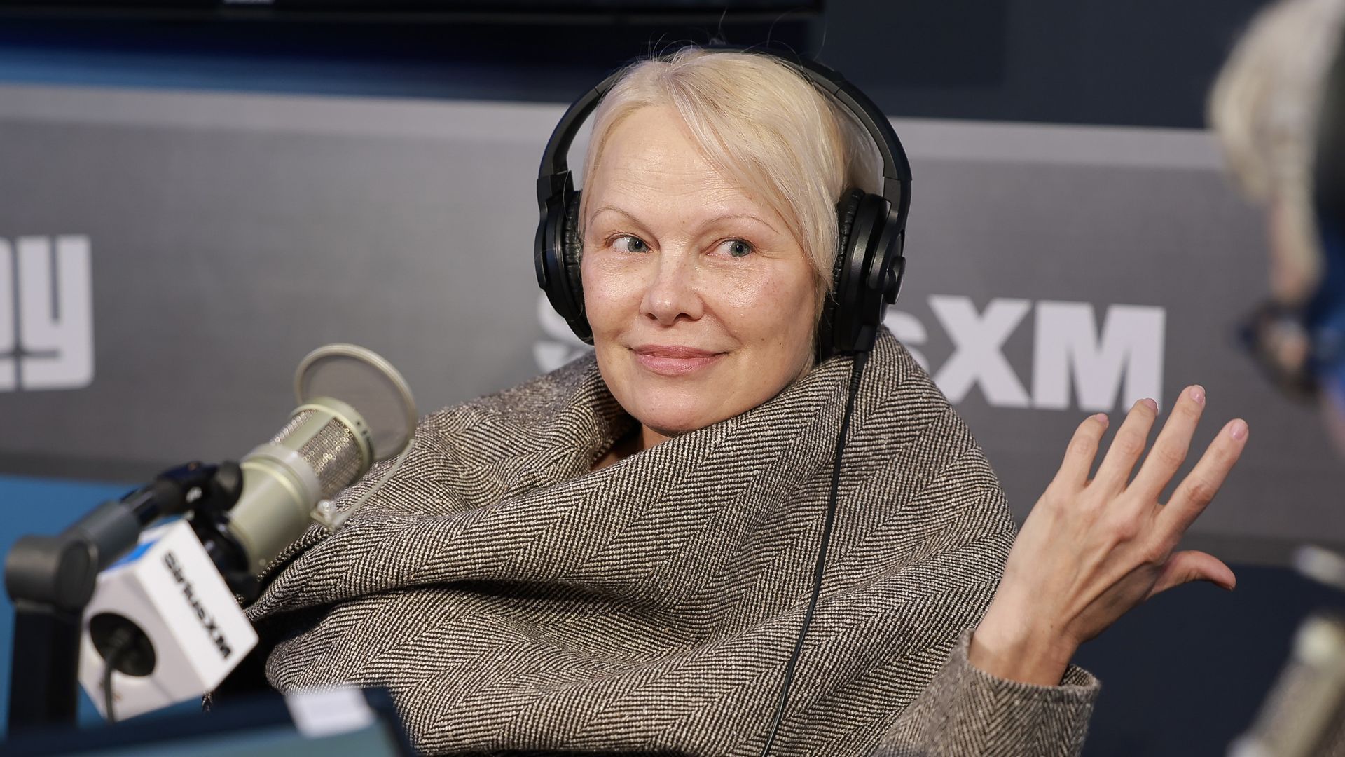 Pamela Anderson visits SiriusXM Studios on January 14, 2026 in New York City