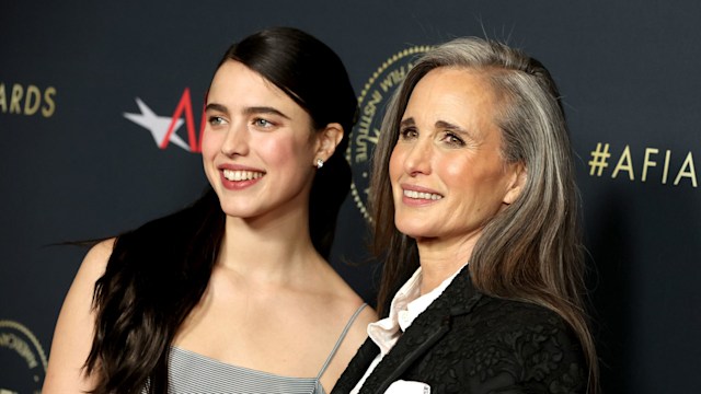 Margaret Qualley and Andie MacDowell smile 