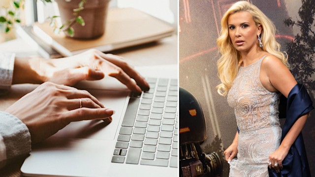 Millie Bobby Brown collage with a woman typing 