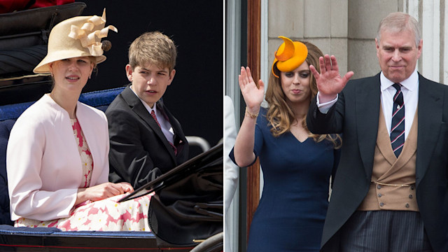 Split image of Lady Louise Windsor and James, Earl of Wessex alongside Princess Beatrice and Prince Andrew at Trooping the Colour