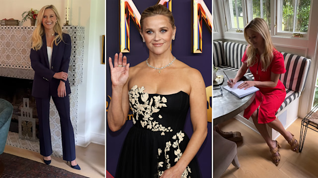 Split image showing Reese Witherspoon at home and at Emmy Awards