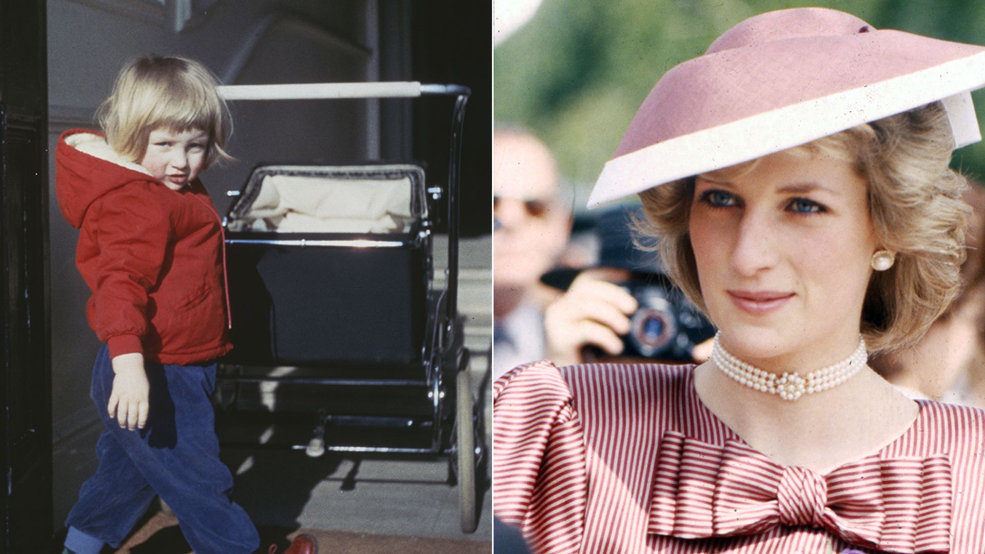 Split image of a young Princess Diana with a pram alongside an adult Princess Diana in a striped outfit