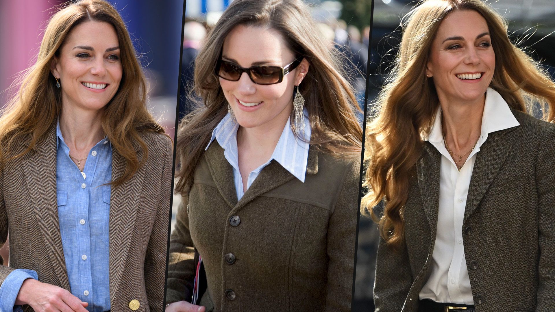 Princess Kate wearing tweed herringbone blazers over the years. From before she was royal and to 2025