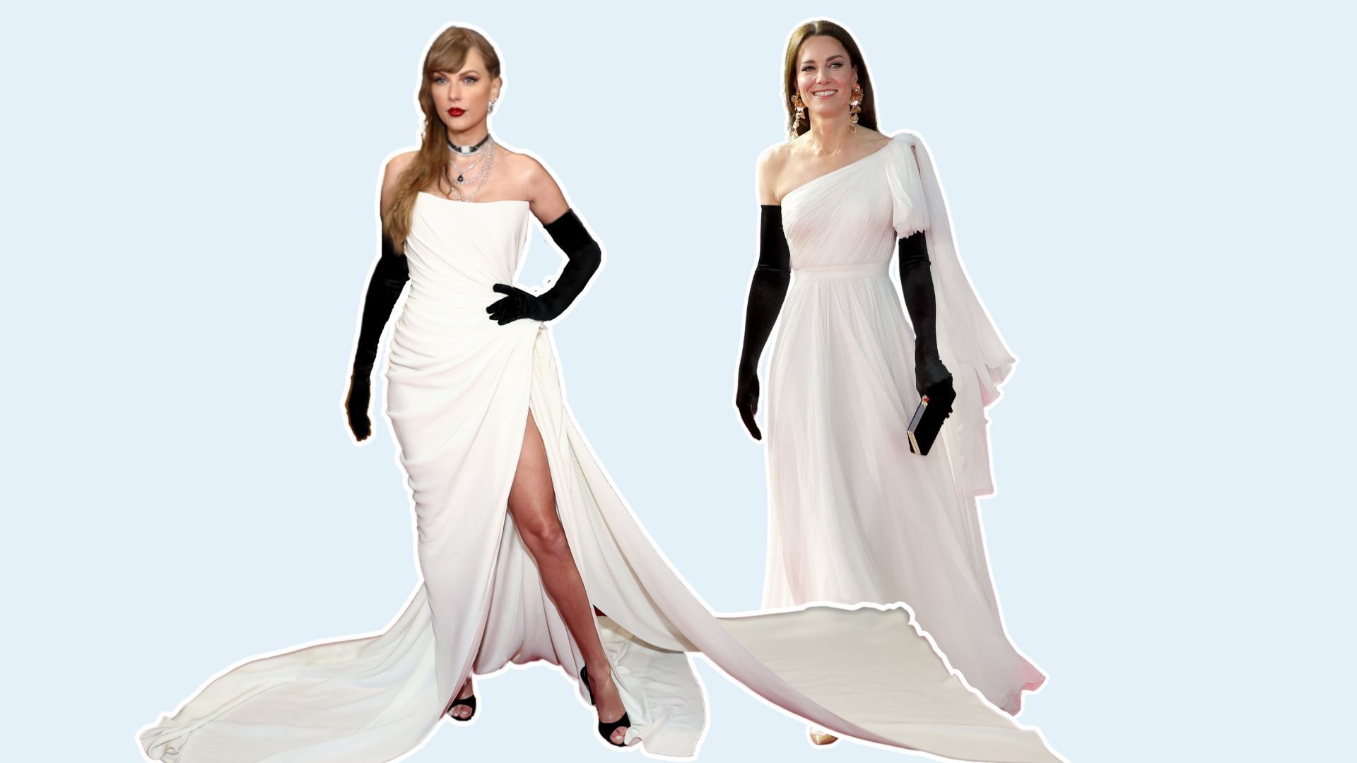 Taylor Swift dressing like Kate Middleton in a whilte dress and black opera gloves