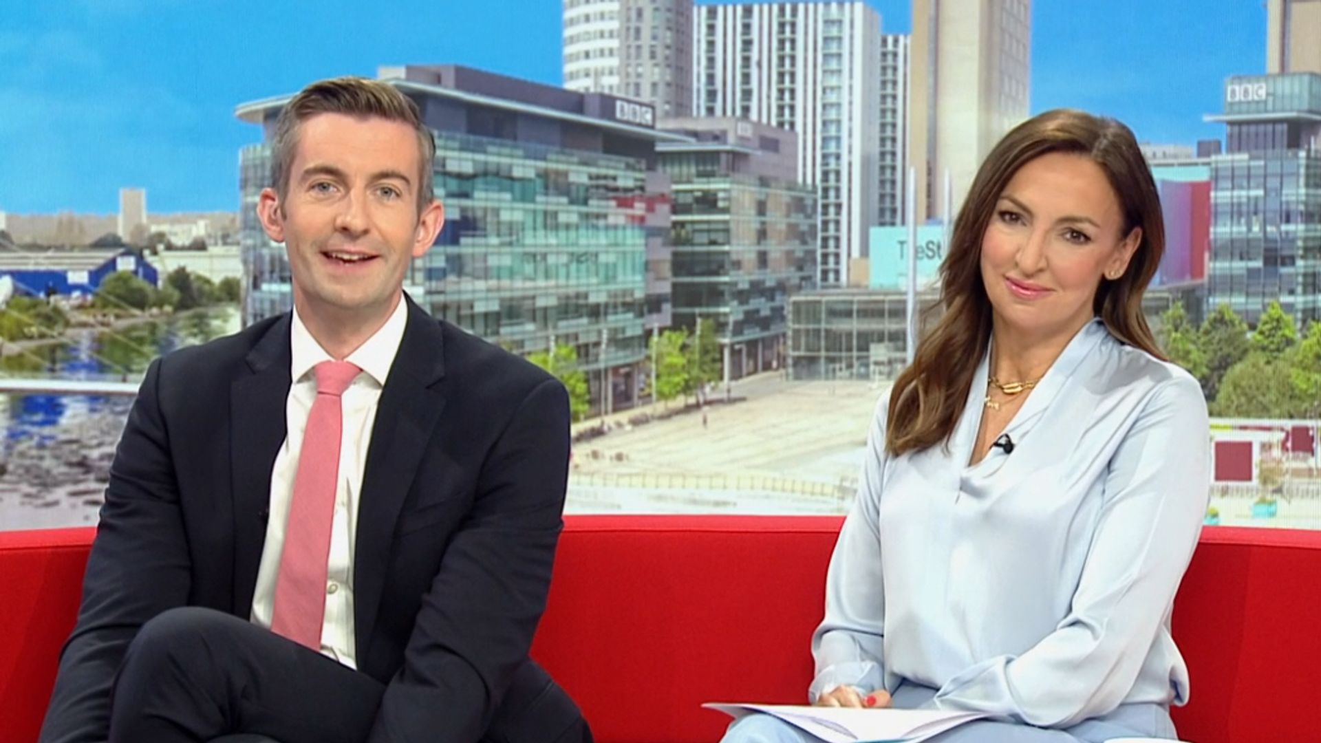 Ben Thompson and Sally Nugent on BBC Breakfast sofa