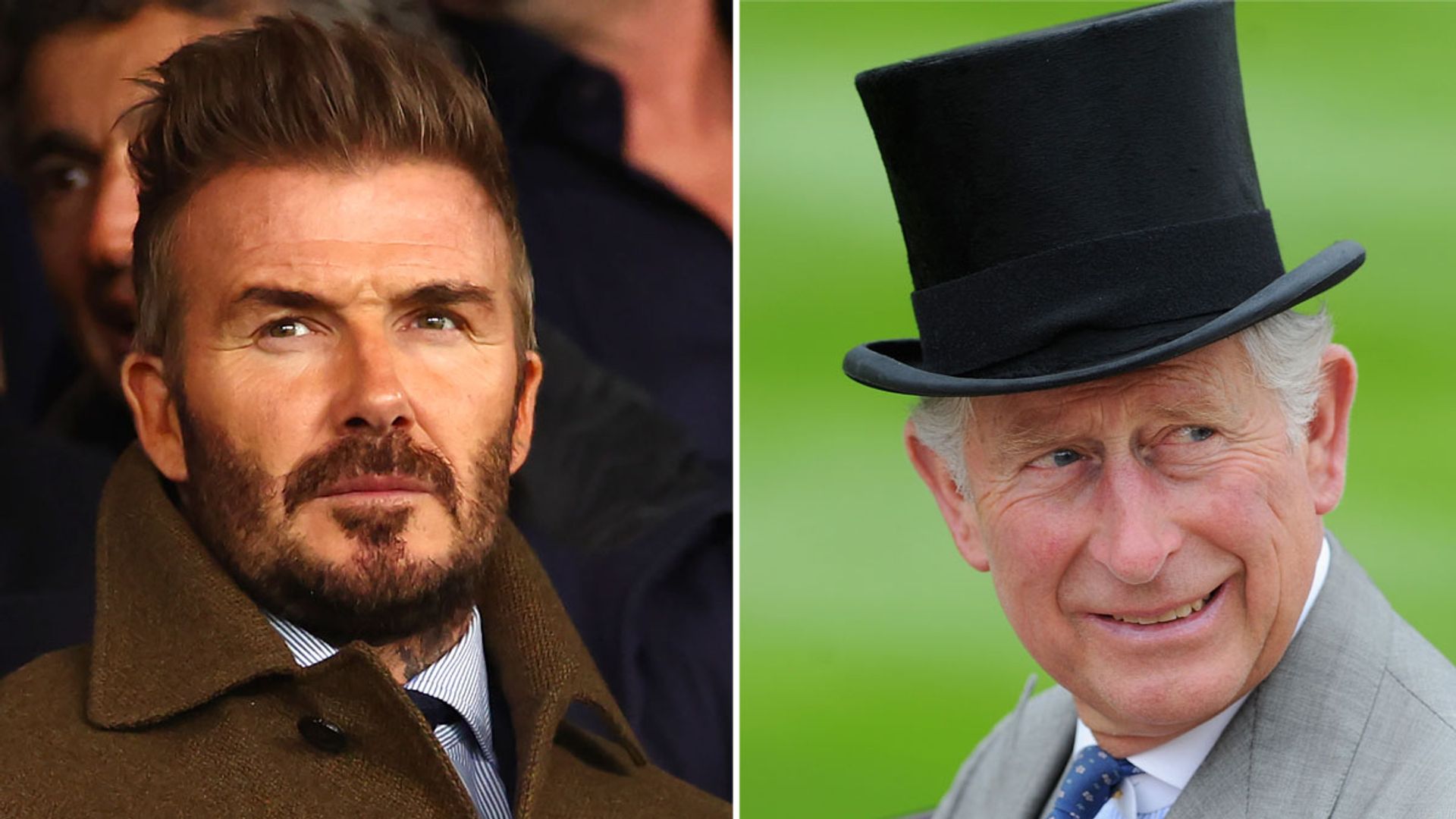 David Beckham looking serious on the left and King Charles with a black top hat smiling on the right 