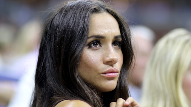 Actress Meghan Markle watching Serena Williams of the United States in action against Simona Halep of Romania in the Women's Singles Quarterfinal match on Arthur Ashe Stadium on day ten of the 2016 US Open Tennis Tournament at the USTA Billie Jean King Na