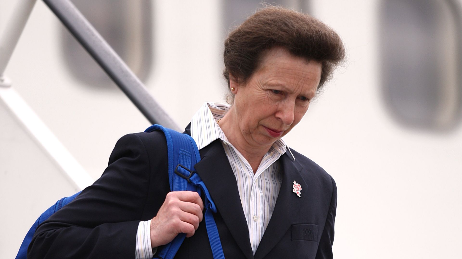 Princess Anne leaves the plane carrying the Great Britain Olympic team at Heathrow Airport after returning from the Olympic Games in Beijing, China.   