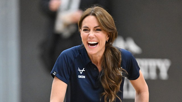 atherine, Princess of Wales smiles as she takes part in a game during a Rugby League Inclusivity Day at Allam Sports Centre on October 05, 2023 in Hull, England. The Princess of Wales took part in the event as part of her role as Patron of the Rugby Football League and to see the positive impact the Disability Rugby League has onits participants and their families.