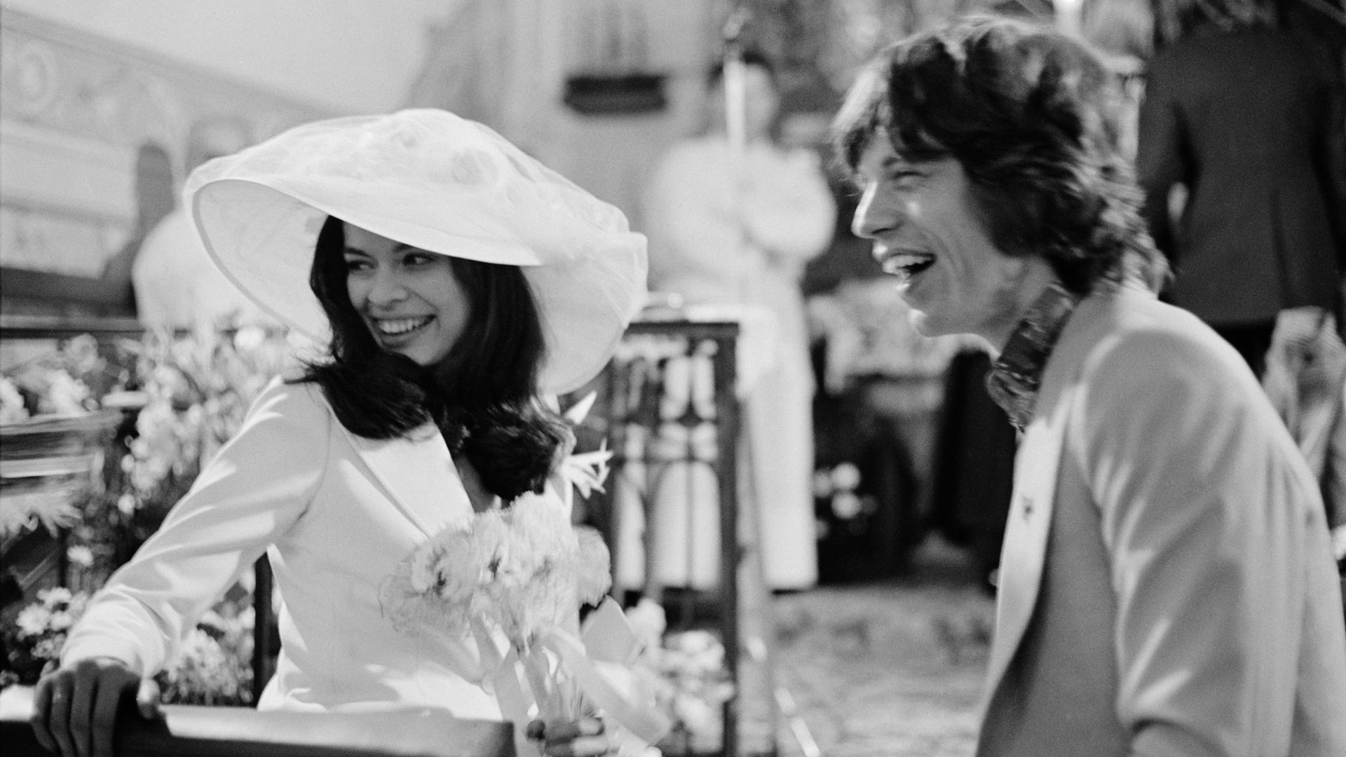 Mick and Bianca Jagger at their wedding at the Church of St. Anne, St Tropez, 12th May 1971.