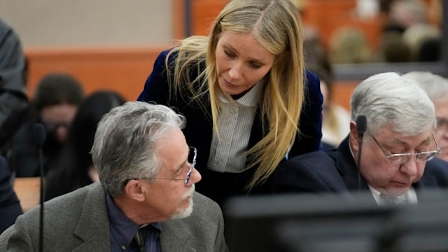 Gwyneth Paltrow speaks with retired optometrist Terry Sanderson after the verdict was read 