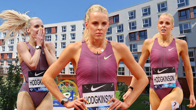 keely Hodgkinson with olympic village backdrop