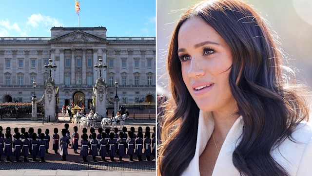 Split image of Buckingham Palace and Meghan Markle