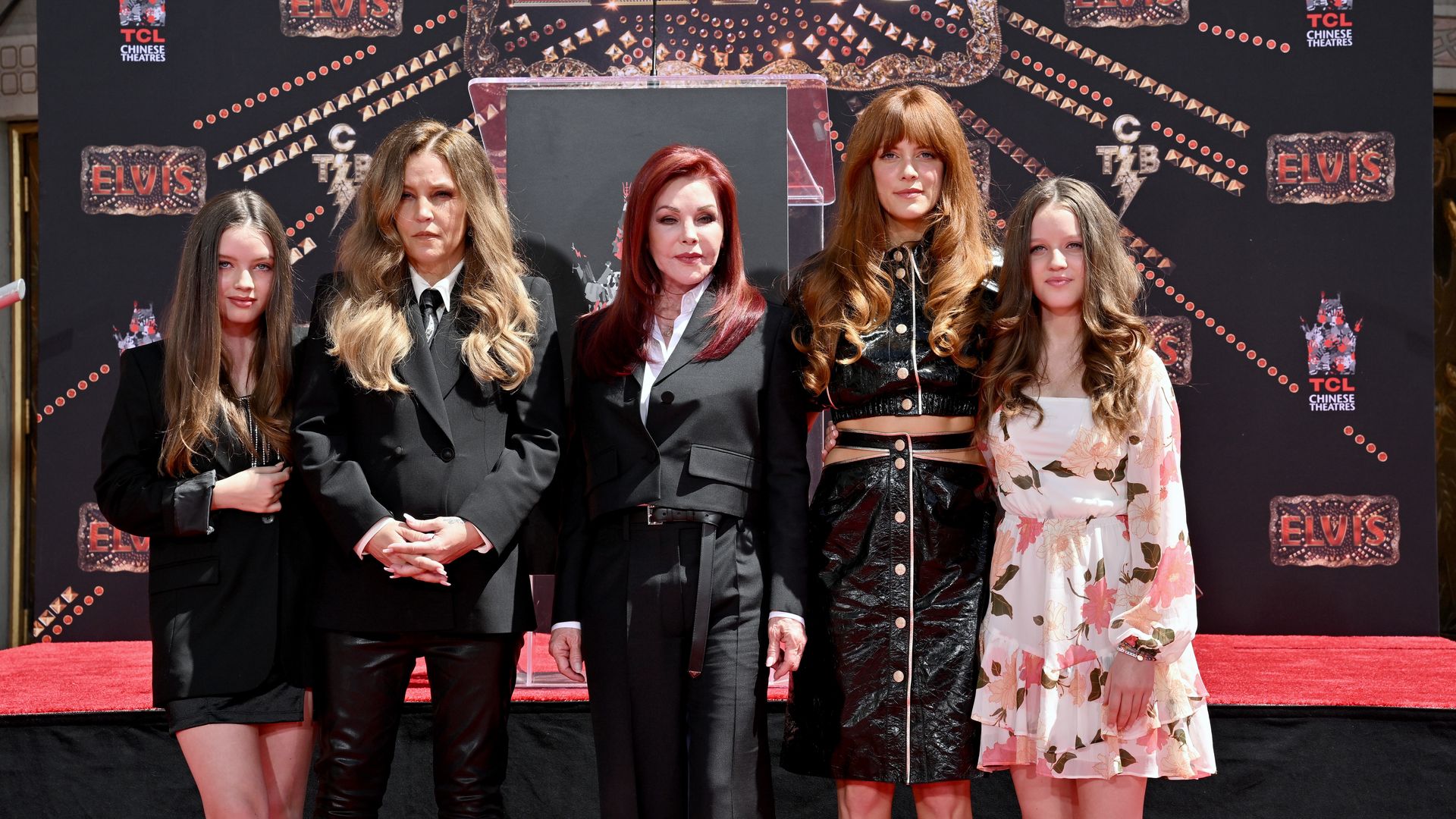 Harper Vivienne Ann Lockwood, Lisa Marie Presley, Priscilla Presley, Riley Keough, and Finley Aaron Love Lockwood attend the Handprint Ceremony honoring Three Generations of Presley's at TCL Chinese Theatre on June 21, 2022 in Hollywood, California