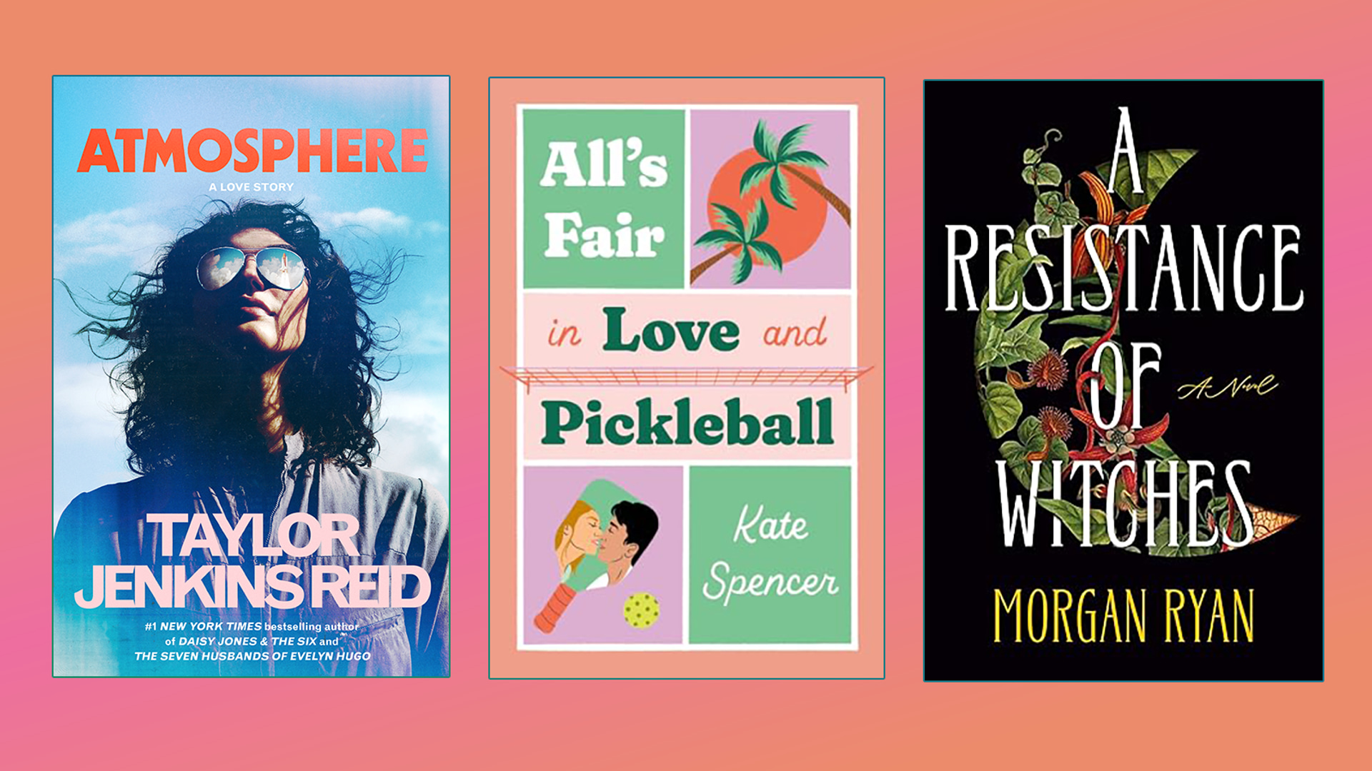 Composite of three book covers on a gradient pink background