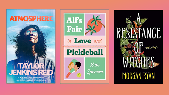 Composite of three book covers on a gradient pink background