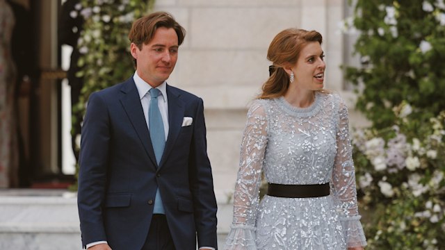 Princess Beatrice and Edoardo walking out of the royal wedding ceremony