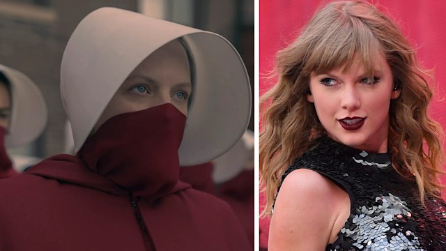 Elisabeth Moss in The Handmaid's Tale alongside a picture of Taylor Swift on stage
