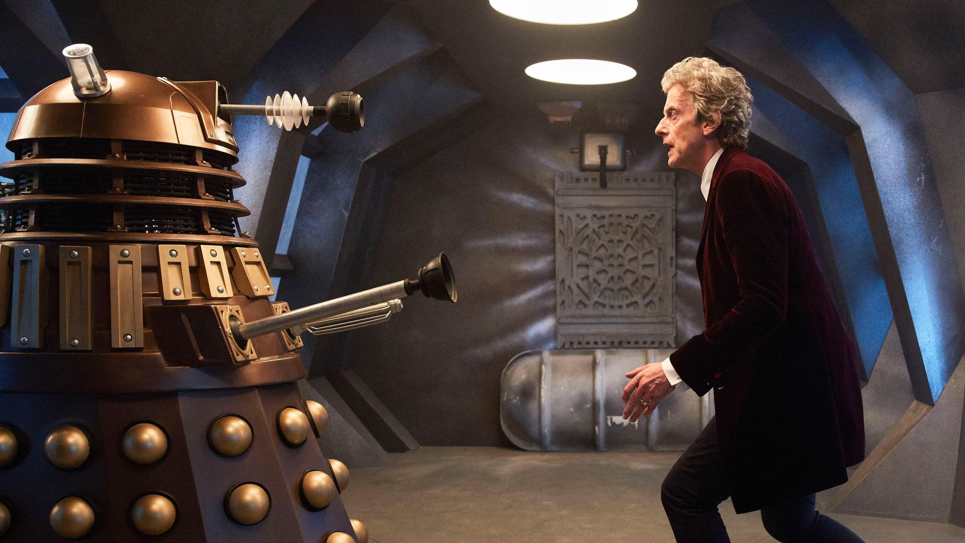 Peter Capaldi facing a Dalek in an episode of Doctor Who