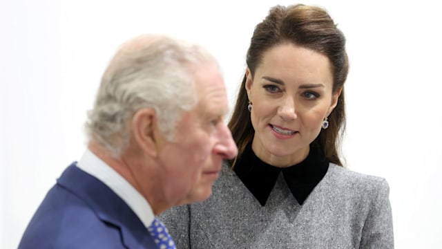 Catherine, Duchess of Cambridge and Prince Charles, Prince of Wales during their visit to The Prince's Foundation training site for arts and culture in 2022 