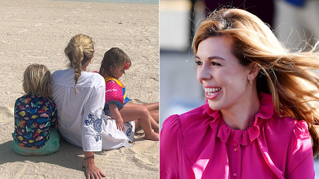 split image showing carrie johnson with her children and carrie in pink dress