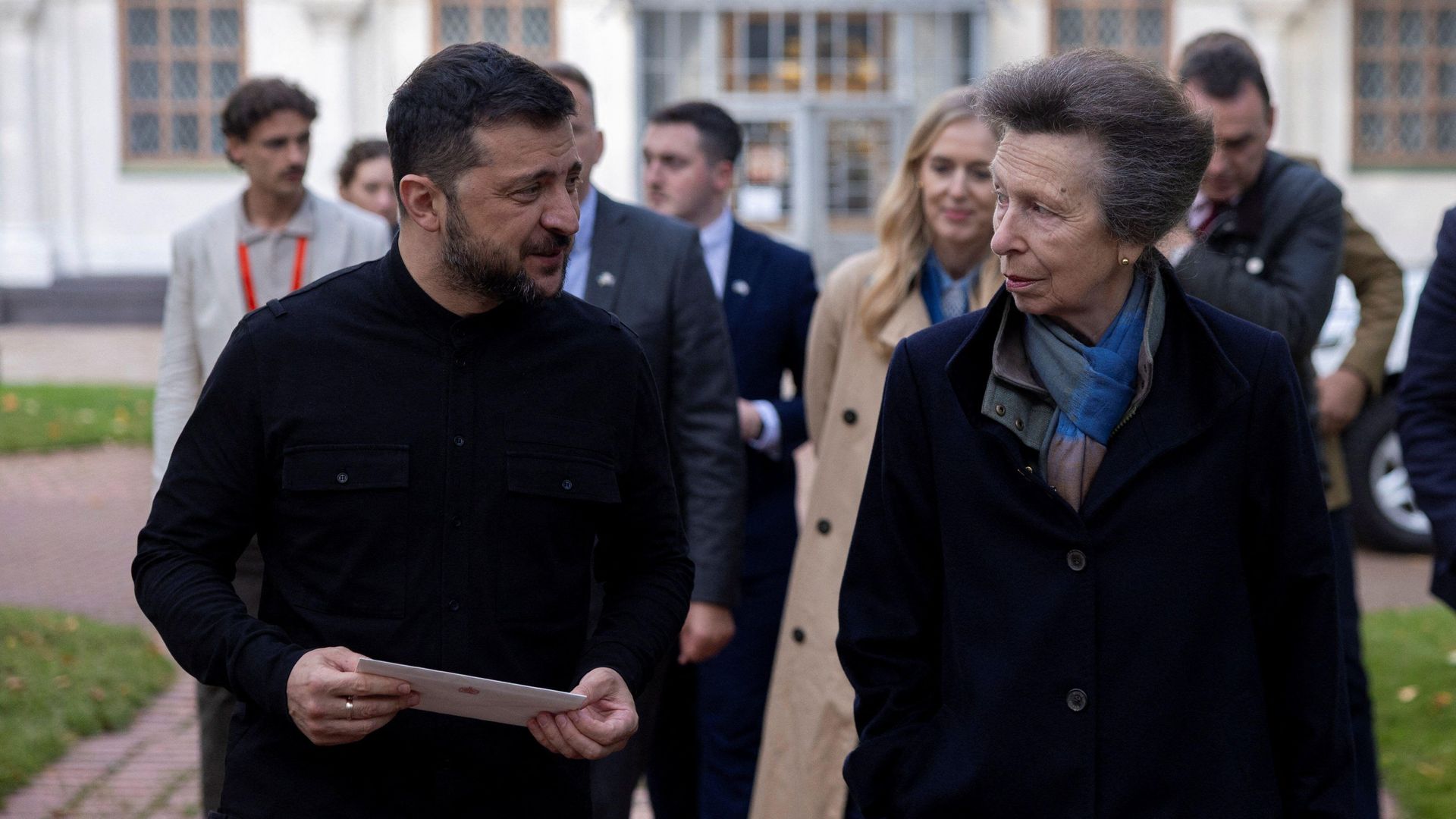 The Princess Royal walks with President Volodymyr Zelensky
