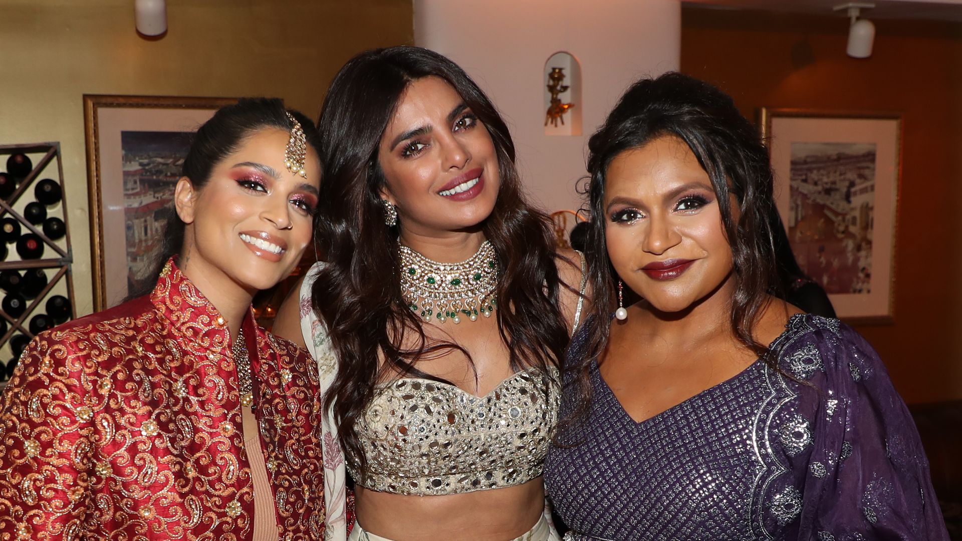 Lilly Singh, Priyanka Chopra and Mindy Kaling attend the Phenomenal x Live Tinted Diwali Dinner Hosted by Mindy Kaling on November 03, 2021 in Los Angeles, California.