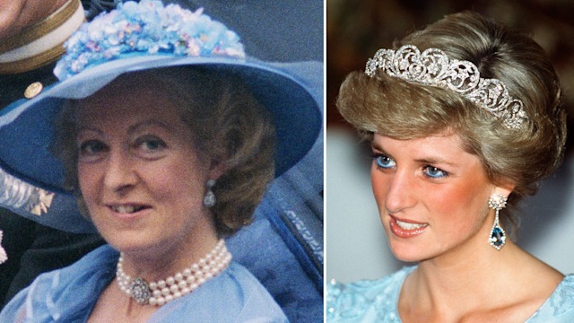 Frances Shand Kydd in a blue dress and Princess Diana in a blue dress
