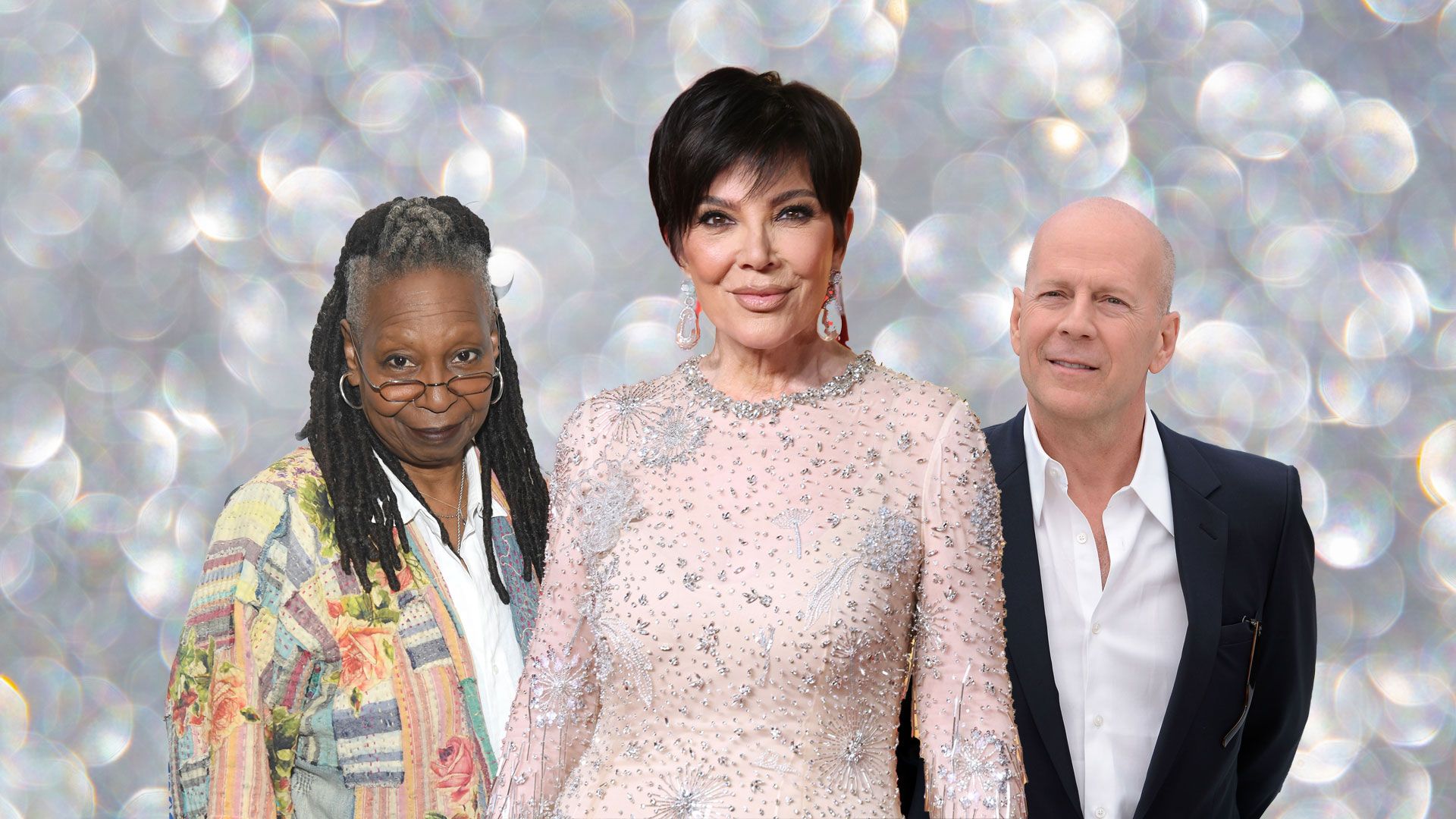 whoopi goldberg Kris Jenner and Bruce Willis with silver backdrop