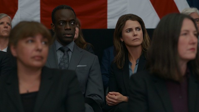 Keri Russell and Ato Essandoh sit side by side in The Diplomat