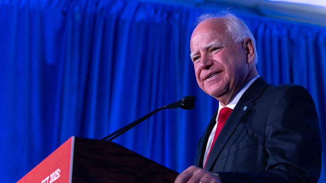 Minnesota Gov. Tim Walz speaks at a Biden-Harris campaign and DNC press conference on July 17, 2024 in Milwaukee, Wisconsin