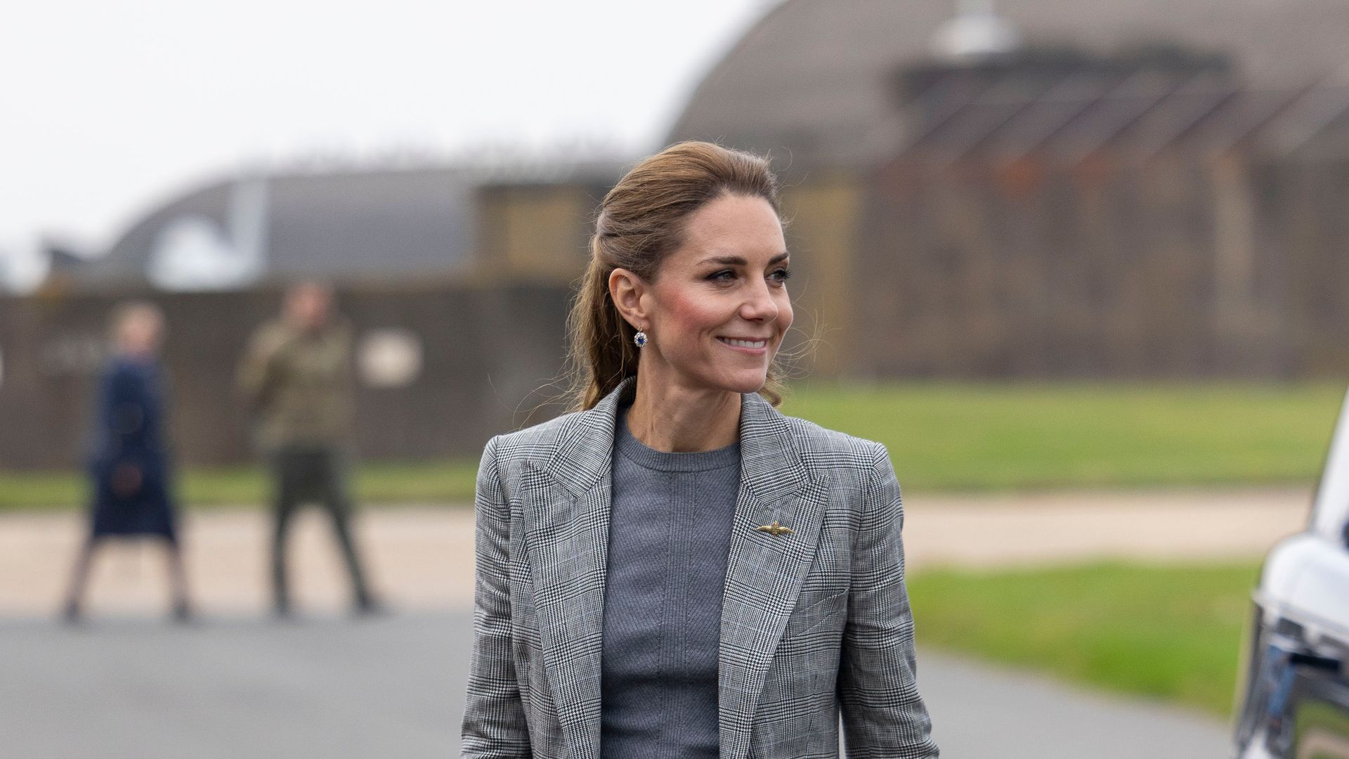 Catherine, Princess of Wales, Royal Honorary Air Commodore, visits RAF Coningsby in Lincolnshire during her first official engagement at the station, on October 2, 2025 in Coningsby, England. During the visit, Her Royal Highness learned about the station's operational role, met Quick Reaction Alert personnel, viewed a Typhoon aircraft, and toured the new Typhoon Future Synthetic Training facility, and also met families of personnel serving at the base. (Photo by James Glossop - WPA Pool/Getty Images)