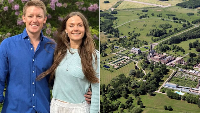 split of Hugh Grosevenor and Olivia Henson with Eaton Hall aerial view