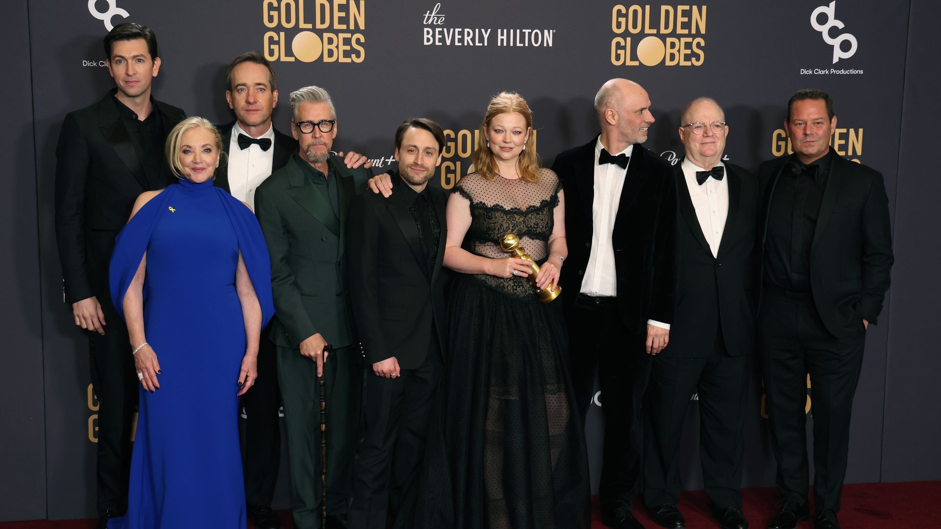 Nicholas Braun, J. Smith-Cameron, Matthew Macfadyen, Alan Ruck, Kieran Culkin, Sarah Snook, Jesse Armstrong, Frank Rich, and Mark Mylod, winners of the Best Television Series - Drama for "Succession," pose in the press room during the 81st Annual Golden Globe Awards at The Beverly Hilton on January 07, 2024 in Beverly Hills, California