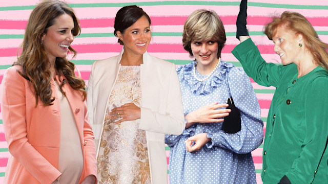 pregnant kate middleton, meghan markle, princess diana, sarah ferguson against striped backdrop