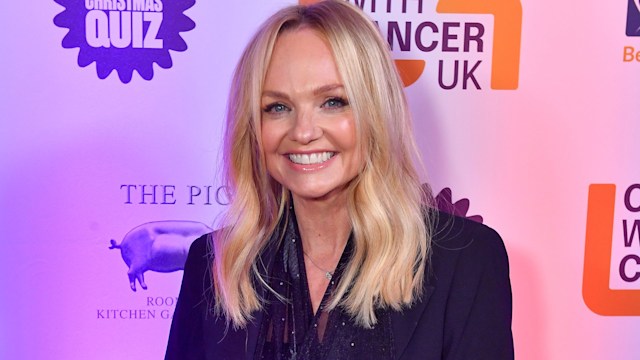 Emma Bunton in blue suit and a sling