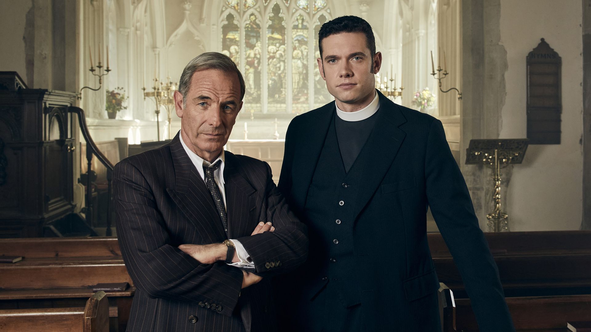 Tom Brittney and Robson Green as Will Davenport and Geordie Keating in Grantchester 